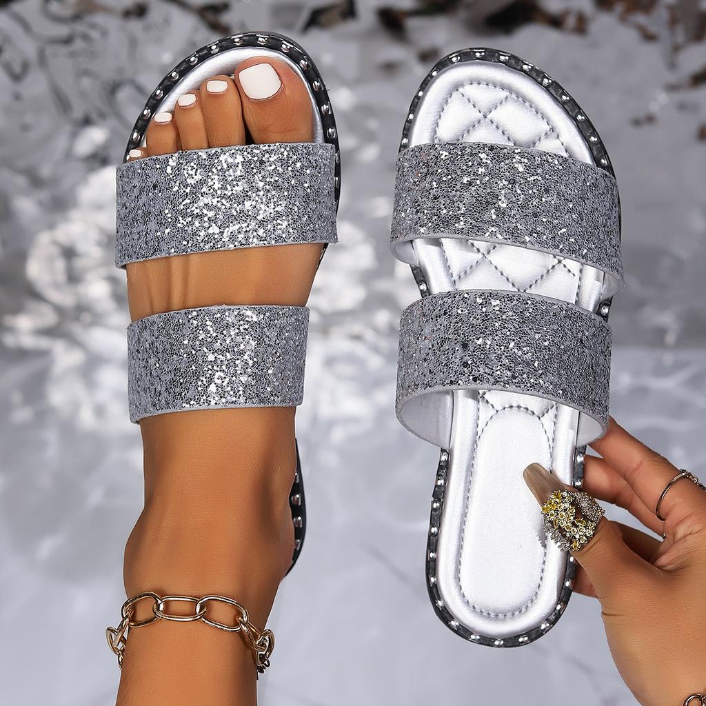 2024 nuove pantofole fondo piatto fibbia punta tonda paillettes scivolo moda estate spiaggia pantofole da donna