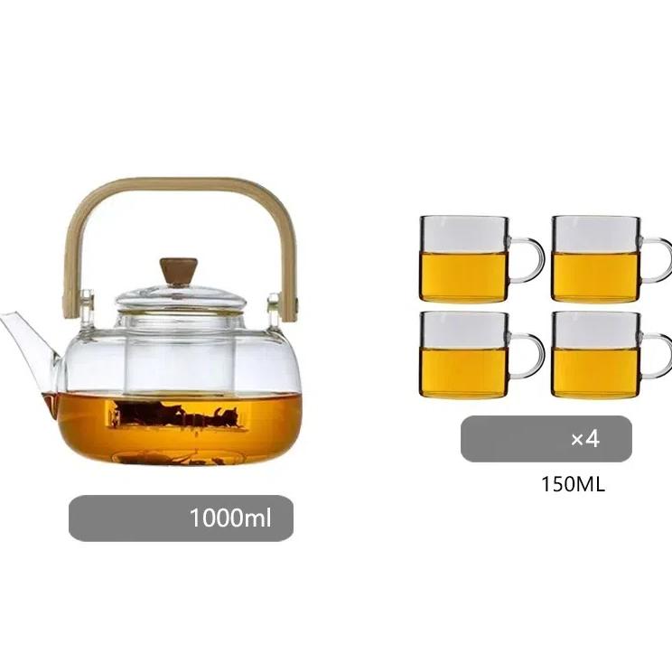 

Японский стеклянный чайник объемом 1 л с бамбуковой ручкой – термостойкий заварочный чайник Teapot and 4 cups