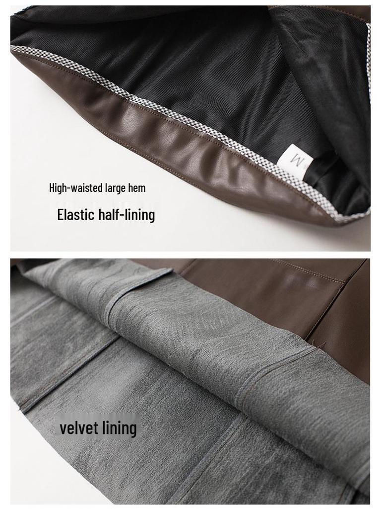 Women's Cross-Strap Leather A-line Skirt - Mid-length, High-waist, Slimming Umbrella Design, Fashionable Wide Hem, 2025 Autumn/Winter Collection.