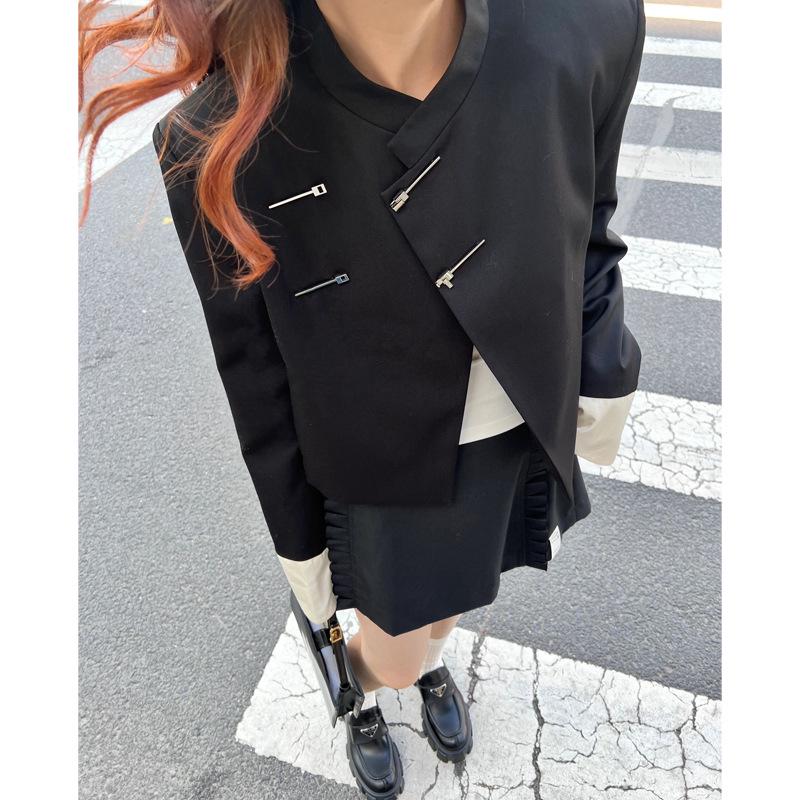 [Clearance, no refunds] New Chinese Style Wool Suit Jacket with Color-Matched Design and Buttoned Skirt