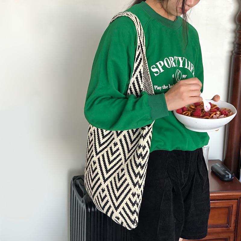 Fashion Geometric Contrast Color Handmade Knitted Handbag Women Minimalist Knot Shoulder Bag Summer Beach Bag