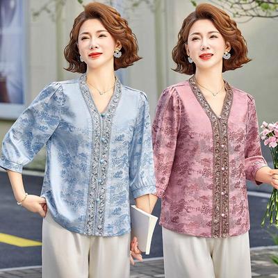 Stylish 2026 Summer Printed Seven-Sleeve Top for Middle-Aged & Elderly Women - Loose Fit, Belly-Covering