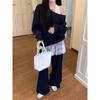 Fashion Casual Set Loose Oblique Shoulder Sweatshirt Women's Lace Small Tank Top Top Autumn High Waist Loose Pants Three-Piece Set