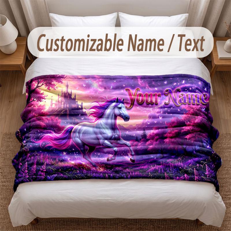 Horse Theme Soft Blanket Personalized Custom Name Text Print Warm Blanket Home Sofa Bedroom Decor