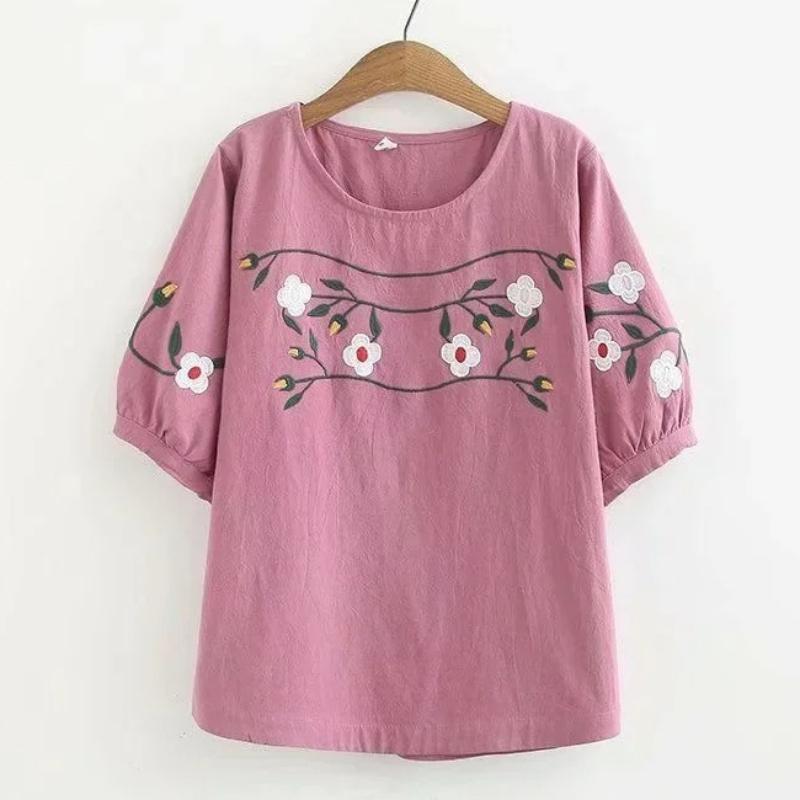 

Retro Ethnic Large Size Cotton Linen T-Shirt Women Summer Loose Slimming Embroidery Base Layer Top Crew Neck Short Sleeve XS фиолетовый