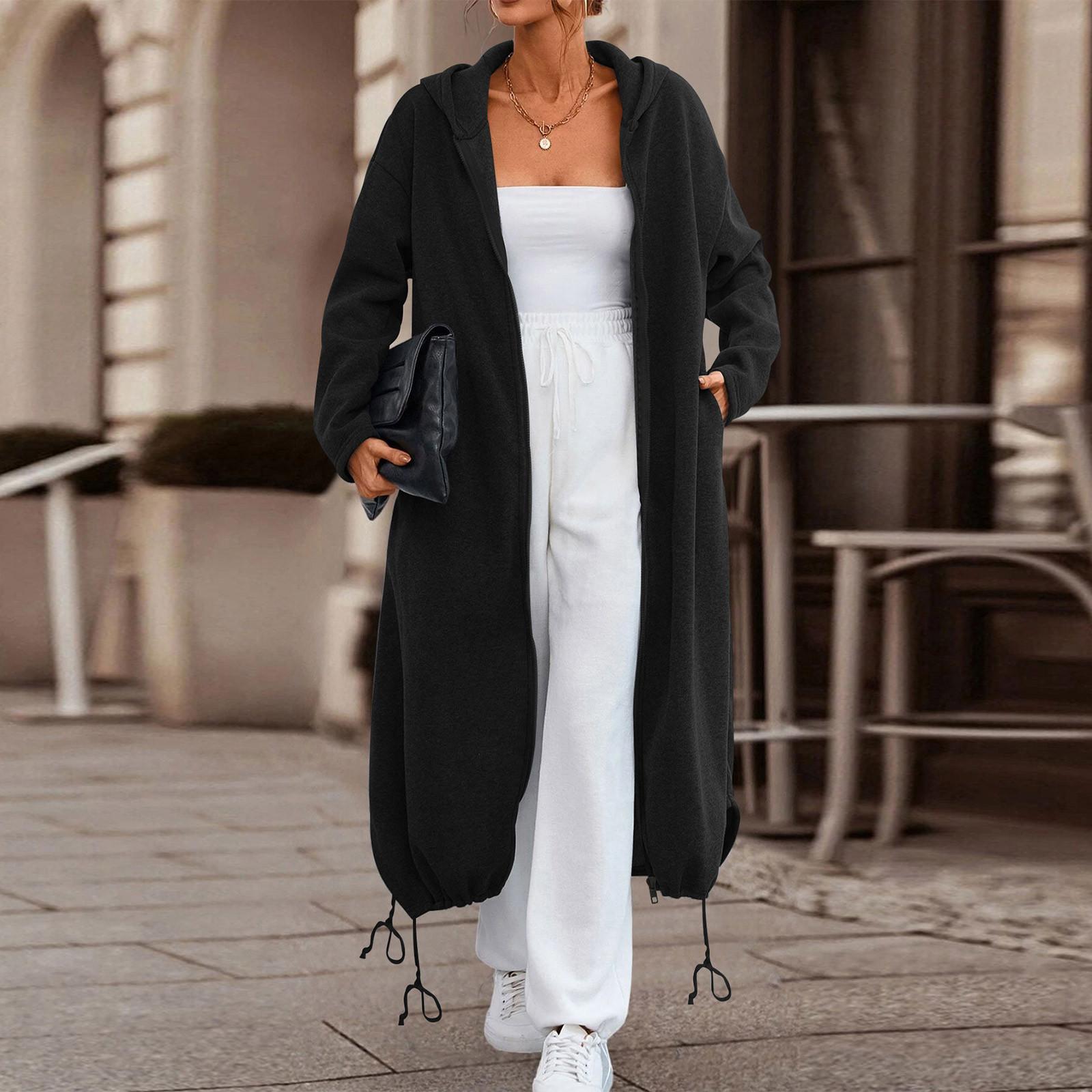 

Женская однотонная толстовка с длинным рукавом, карманом на молнии, капюшоном и завязками на талии XXL чёрный