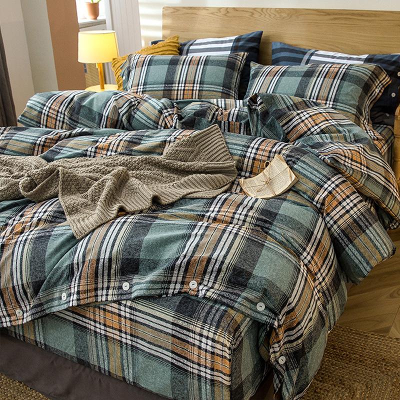 Simple Bed Pure Cotton Polished Four-Piece Cotton Quilt Cover Thickened Warm Bed Sheet 1.8M Double Bed