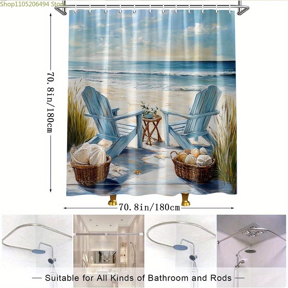 1pc Coastal Adirondack Shower Curtain with Beach Scene - Sky Blue Chairs, White Flowers, Seashell Baskets & Ocean View - Soft