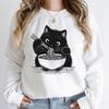 Cat Lover Cartoon Sweatshirt Cat Eating Lamian Noodles Printed Fashion Casual Hoodie Japanese Noodle Cat Vintage Women's Clothing
