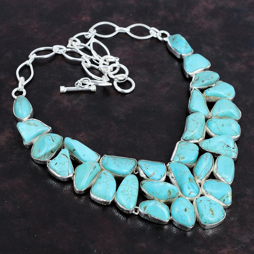 Colar de joias de prata esterlina 925 feito à mão com pedras preciosas de turquesa tibetana 18" AMN-658