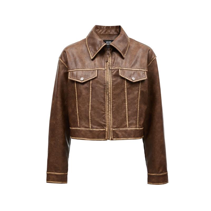 VEROMODA Women's Lapel Contrast Stitch Faux Leather Jacket