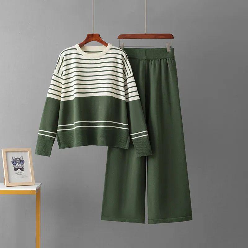 Cross-Border Amazon Autumn and Winter New Foreign Trade Stripe Knit Two Piece Round Neck Sweater Loose Casual Fashion Pants