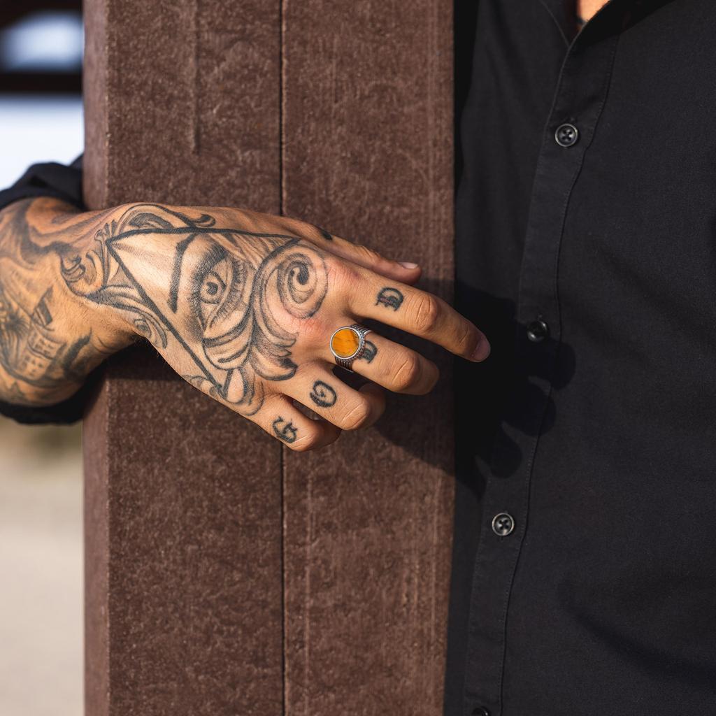 Tiger Eye Stone Round Top Finger Band for Men Boys Stainless Steel Signet Ring Chunky Male Punk Ring Jewelry