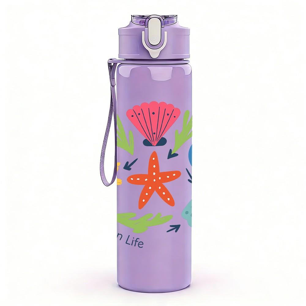 1PC Ocean Shell Starfish Scene 750ml Color Plastic Sports Water Bottle Leakproof Flip Straw Lid Suitable for Sports Office Home Use