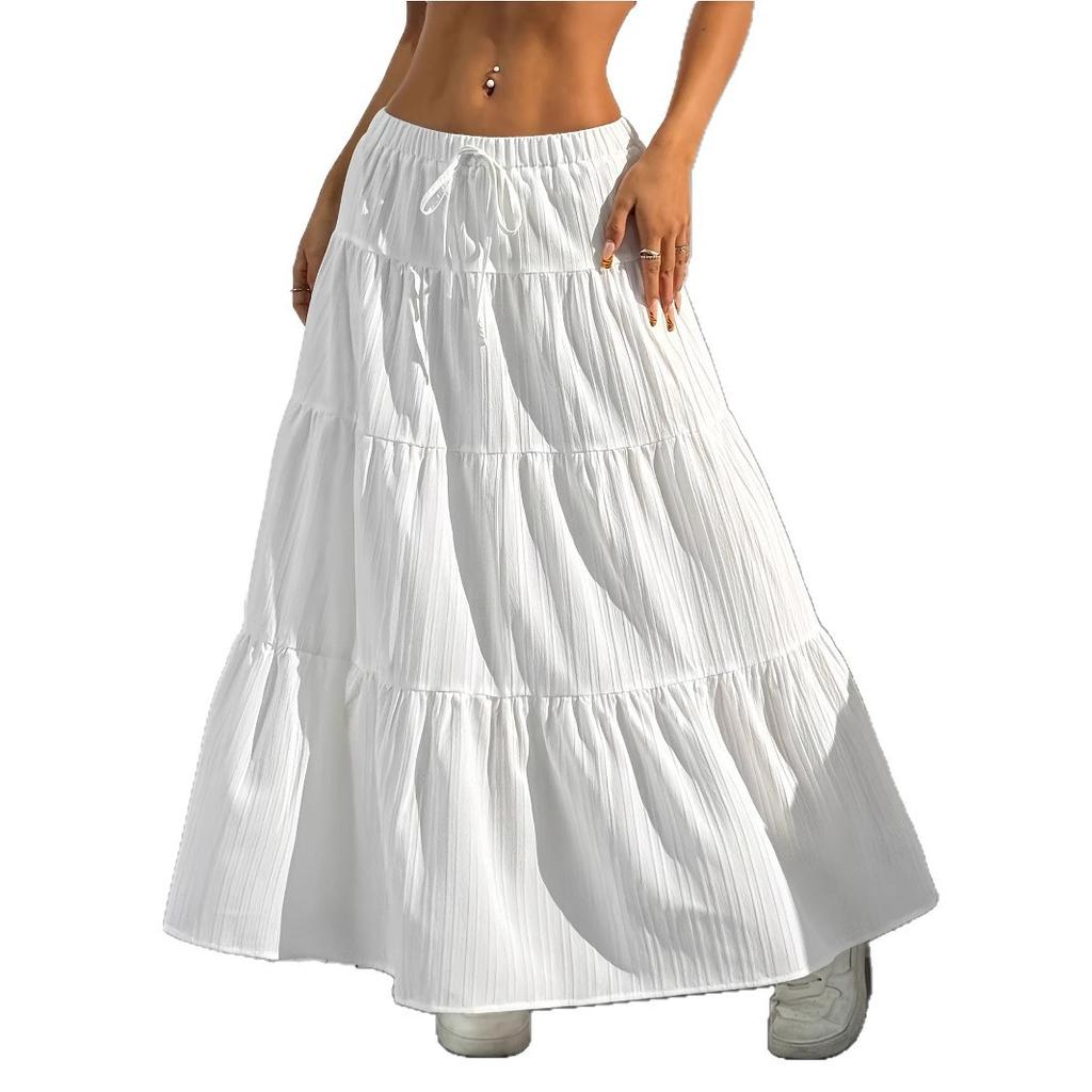White Skirt Women's High Waist, New Elastic Lace-up Cake Skirt, Thin and Big Swing Skirt