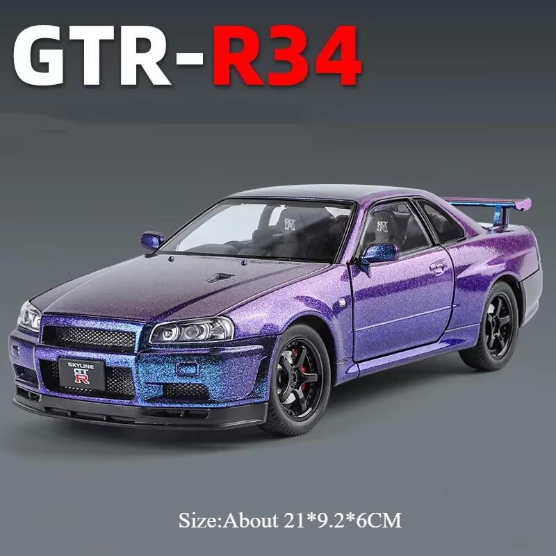 1:24 Gtr Csr2 R34 Modellspielzeug Druckgusslegierungsauto Türen geöffnet Ton Licht Rückzug Gummireifen Miniaturfahrzeuge Geschenk für erwachsene Jungen