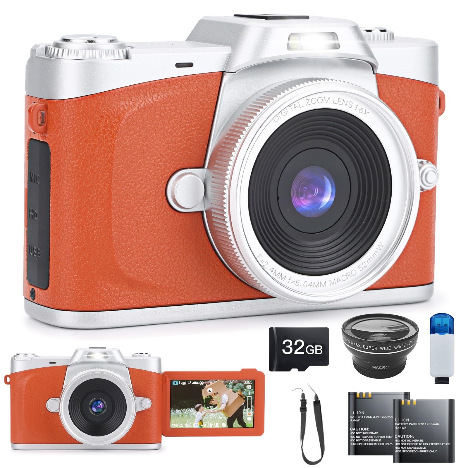 

Moledro Digital 4K Digital 68 Ширококутний об’єктив, що обертається на 180 градусів, 32 ГБ, карта Micro SD, 16-кратний цифровий автофокус, стабілізація зображення Зручний 3 дюйми
