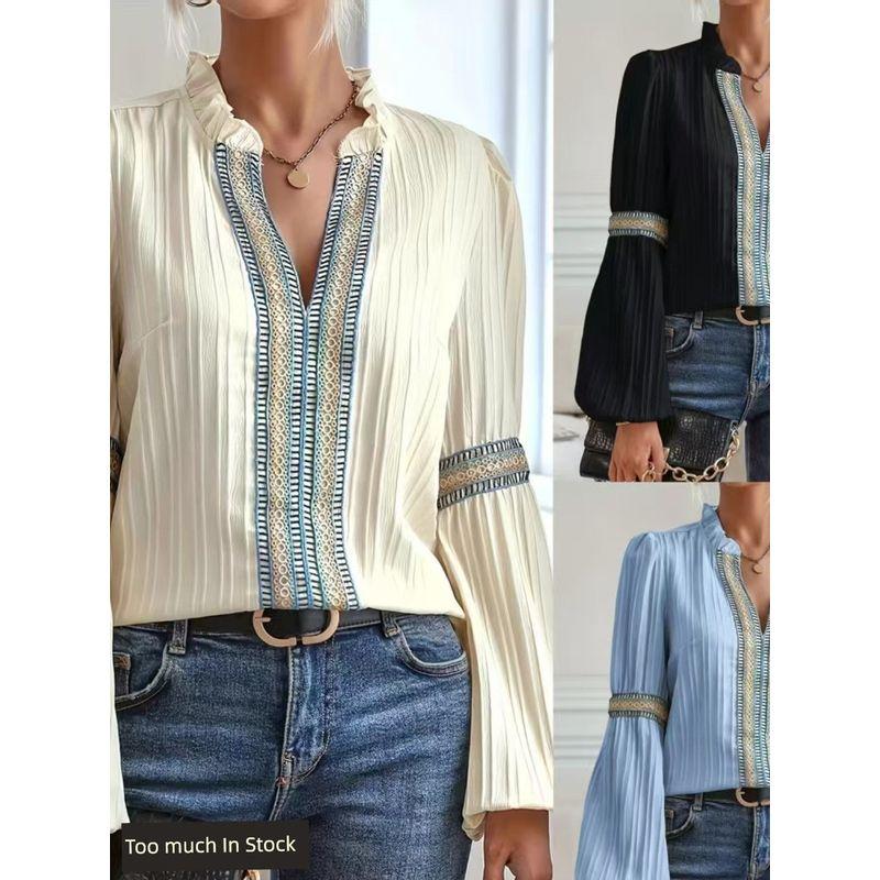 

European and American Fashion Independent Station Amazon Fashion Pure Color Patchwork Lace Lace Lantern Sleeve V Neck Blouse Blue M