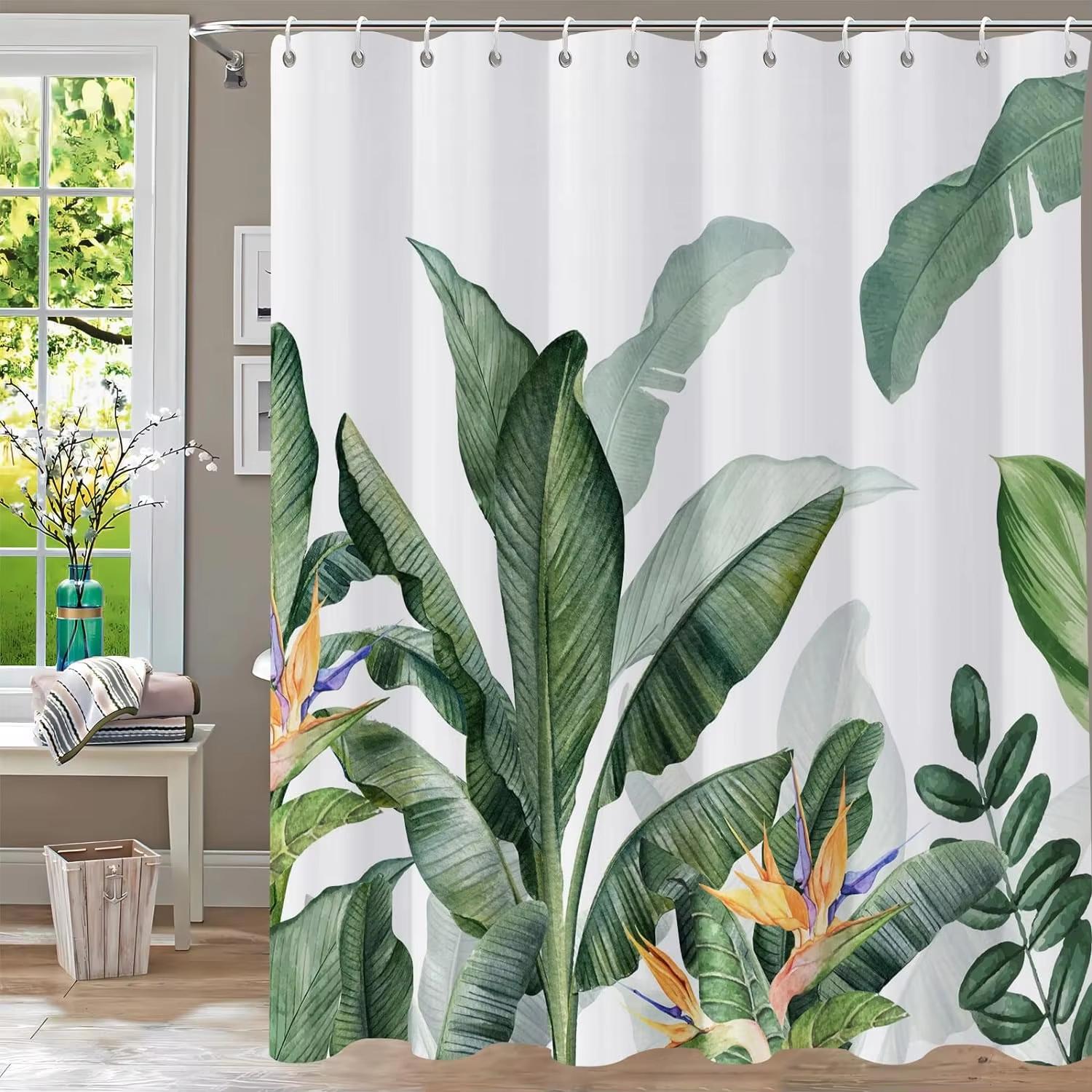 

1 pc Green Plants, Leaves and Flowers Shower Curtains With Hooks Bathroom Curtains Printing Shower Curtain Home Decor Curtain 90x180cm-35x70in