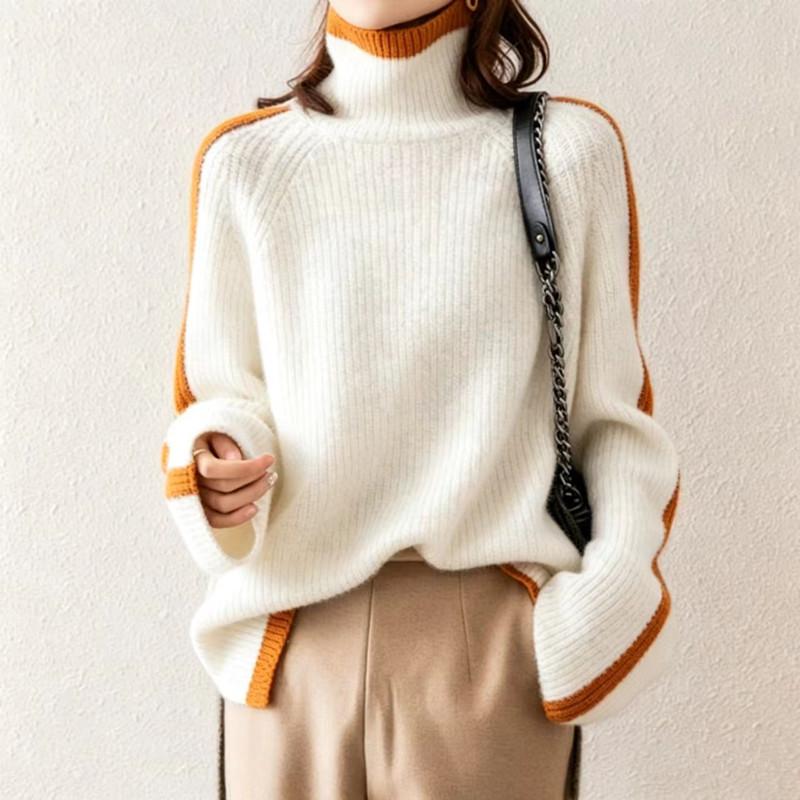 Women's Retro High-Neck Color-Block Knit Sweater - Thickened for Autumn/Winter, Loose Fit, Japanese Style