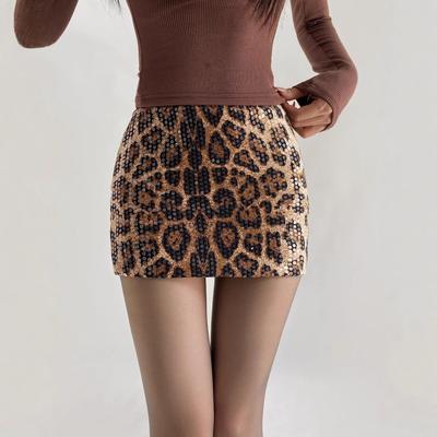 2025 Autumn Retro Leopard Print Sequin Low-Waist Hip-Hugging Short Skirt for Women