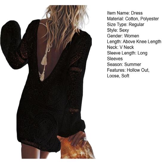 Γυναικείο εξοχικό φόρεμα σε σχήμα V με πλάτη με κούφια εξώπλατη κάλυψη με φαρδιά μακρυμάνικη φούντα Γυναικείο μίνι γιορτινό φόρεμα με λαιμόκοψη V