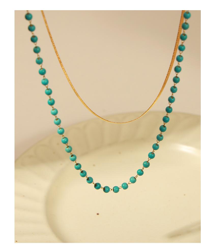 European & American Titanium Steel Geometric Turquoise Double-Layer Clavicle Chain Necklace for Women - Fashionable & Versatile Design