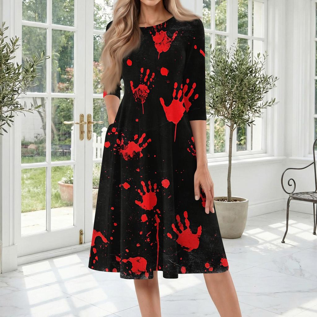 Women's Halloween Print Casual Fashion Round Neck Three Quarter Sleeve Mid Length Dress with Pockets Comfortable Fit