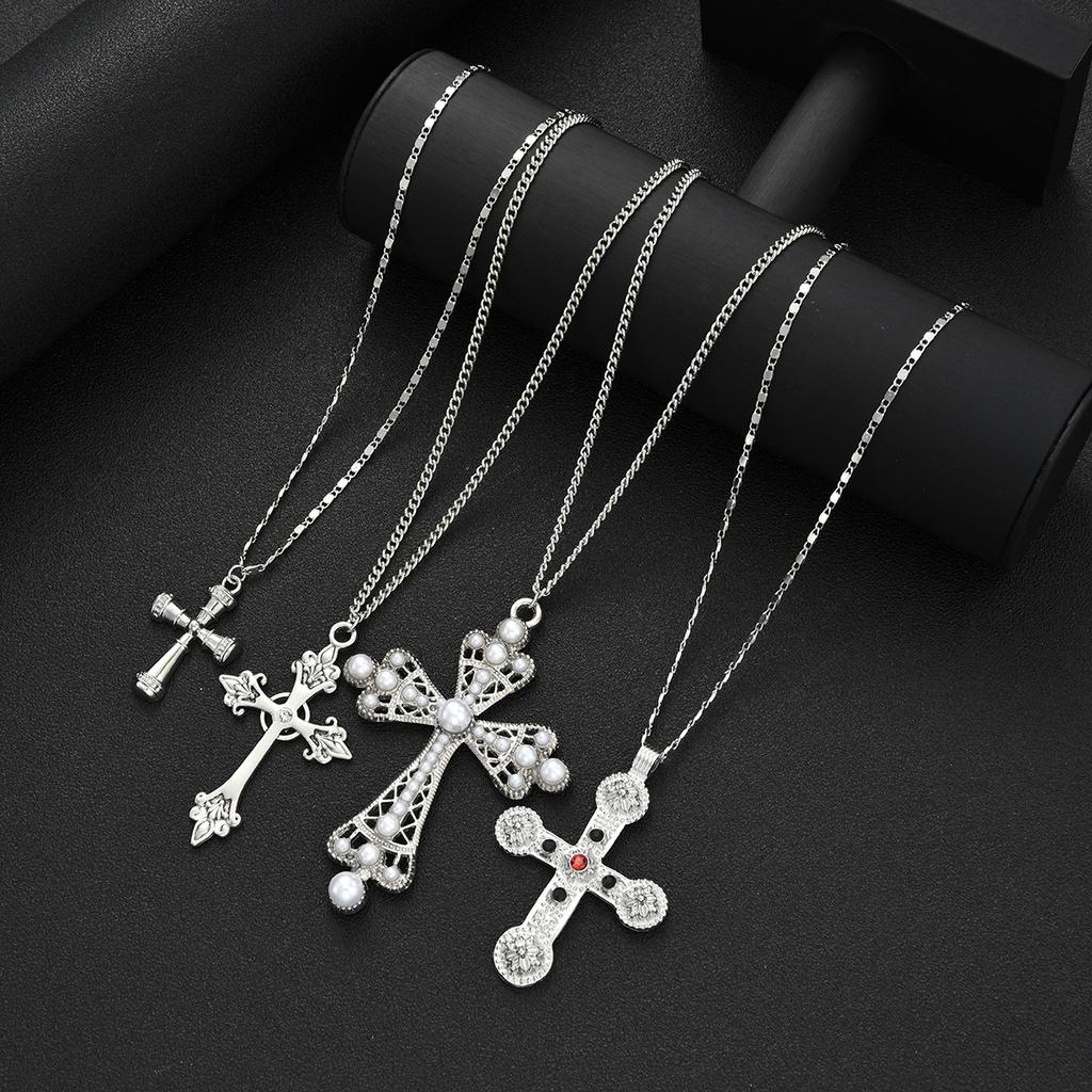4pcs Punk Cross Pendants Necklace for Women Fashion Pearl Zircon Charm Exaggerated Multi-Layered Necklace Versatile Jewelry Gift