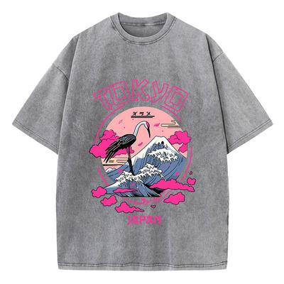 Vintage Womens Acid Wash T-Shirts Tokyo Harajuku Printing Tees Crewneck Cotton Fashion Female Clothes