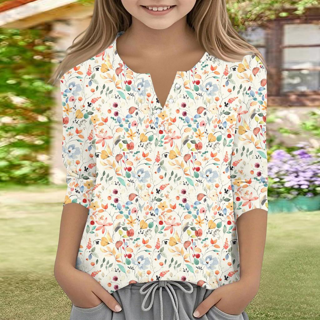 Print Tops For Youth Girls V Neck Button 3/4 Sleeves T-Shirts Trendy Tops Outfit Tees