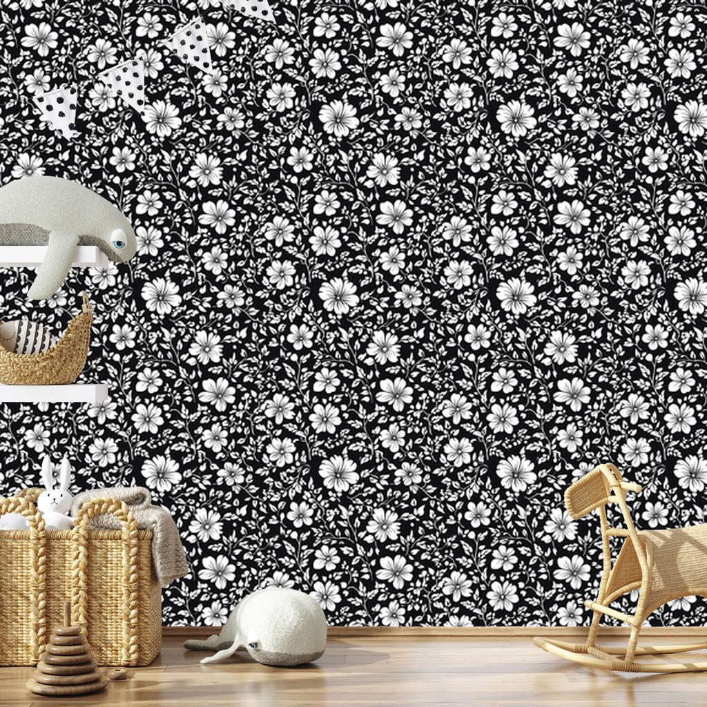 Wallpaper Black and White Flowers Graphite and Gray for Living Room and Bedroom 50x1000