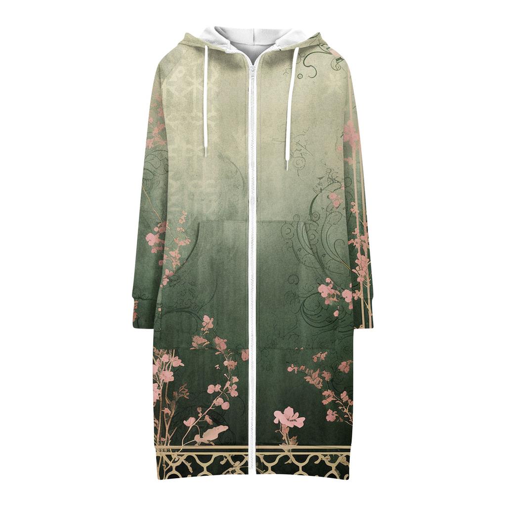 Dámská módní potištěná mikina s dlouhým rukávem, stahovací kapucí, kapsami na zip a dlouhým ležérním střihem