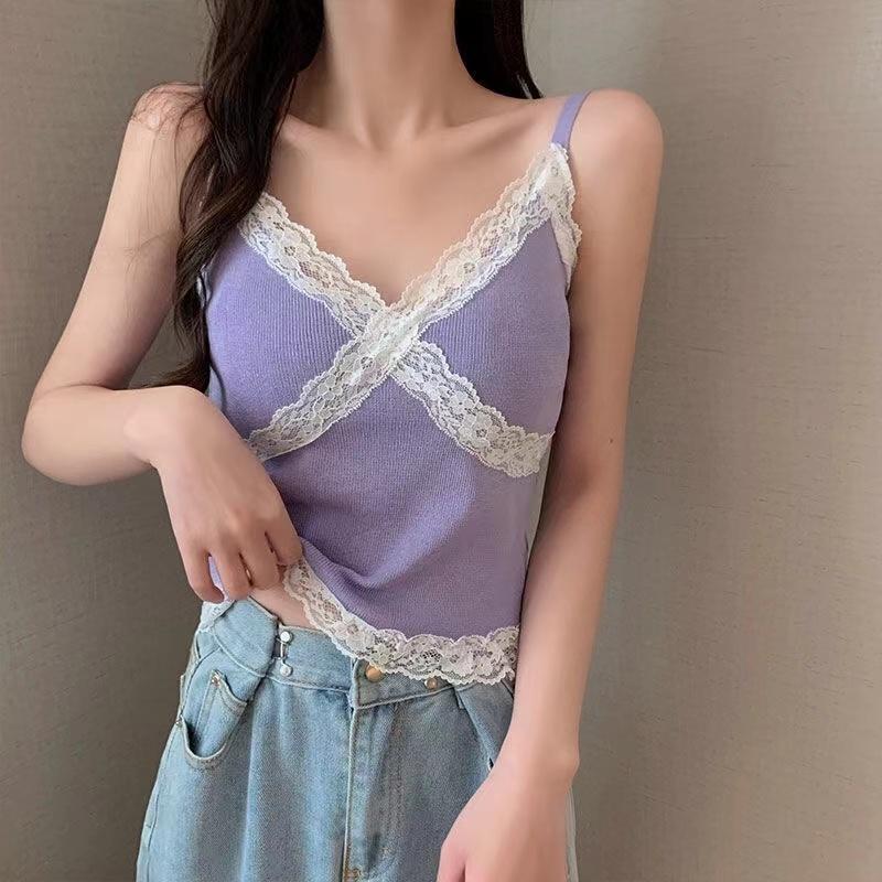Women Summer 2025 Lace Fashion Tank Top Female Korean Style V Neck Sleeveless Sexy Blouse Cropped Knitwear