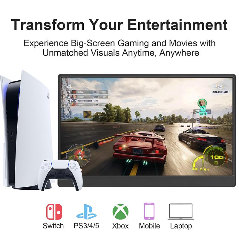 Monitor Portátil 15.6'' 1080p Painel IPS USB-C Compatível com HDMI Display para Viagem Furo de suporte VESA para PC Laptop Xbox Switch