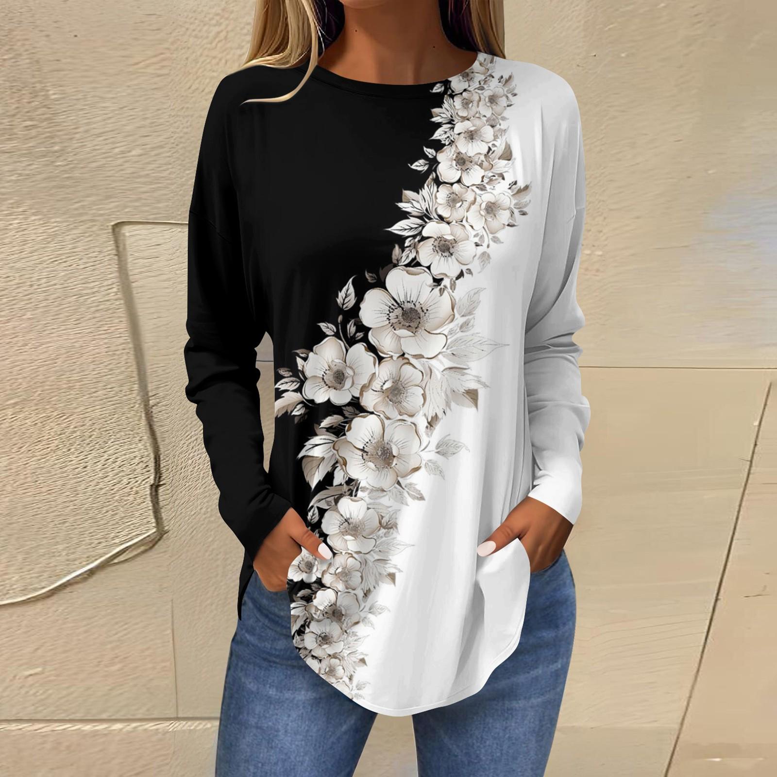 

Футболки для женщин, осенние повседневные рубашки с длинным рукавом, толстовка, винтажный топ с графическим принтом, пуловер XXXL чёрный