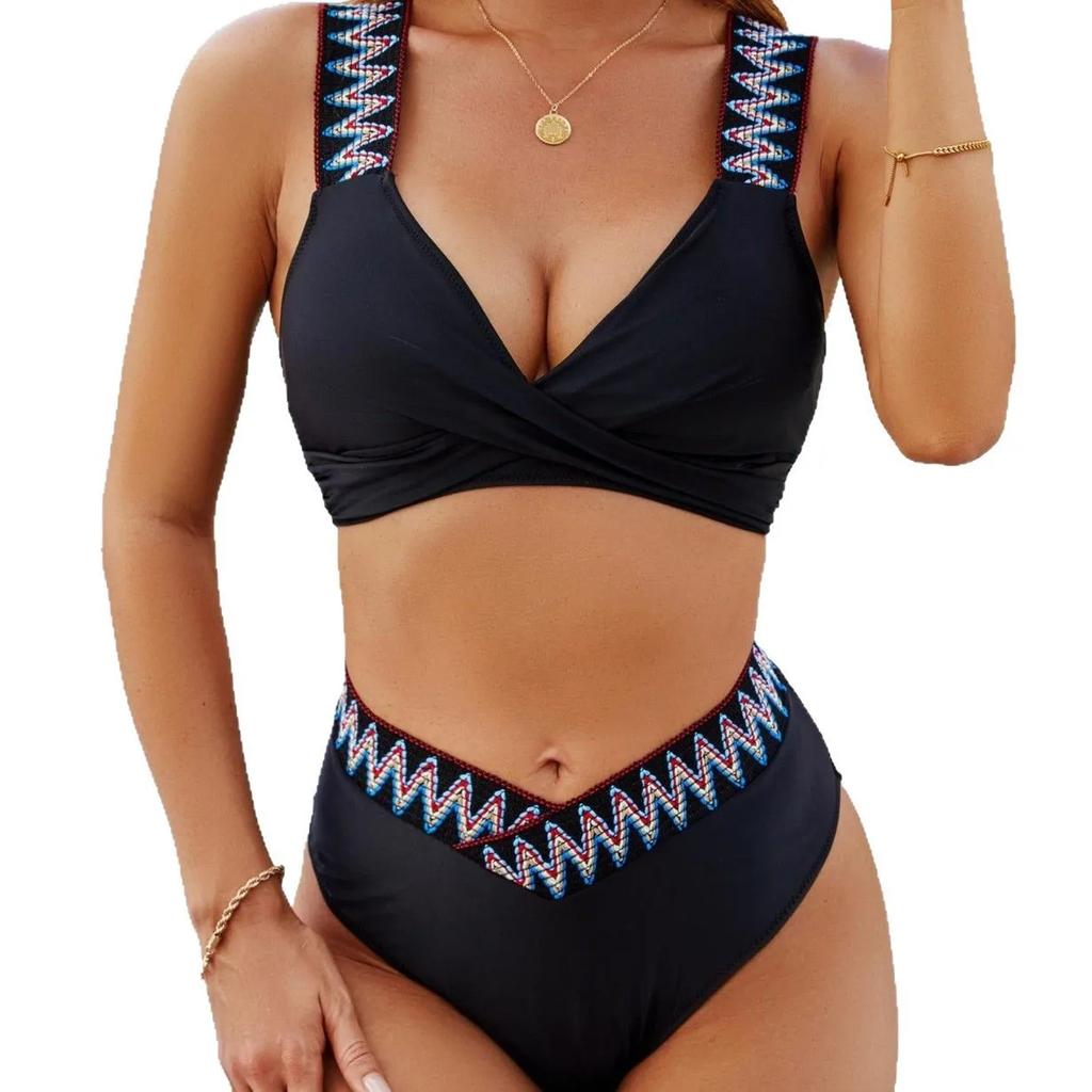 New Sexy Solid Color High Waist Bikini Swimsuit Women's Separate Swimwear Cross-Border Ladies Swimming Costume