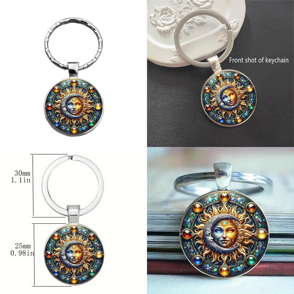 Glasanhänger Schlüsselanhänger mit Sonne-Mond-Muster Niedliches Schlüsselzubehör für Geschenke