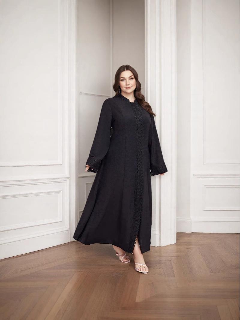 Европейско-американский Ближневосточный Летний Однотонный Дышащий С длинным рукавом Свободный Женский Большого размера Модный 0XL чёрный