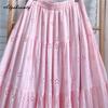 Mori Girl Spring Summer Women Pink Midi Skirt Elastic Waist Embroidery Sweet Chic Skirt Hollow Out Elegant Feminine Skirts