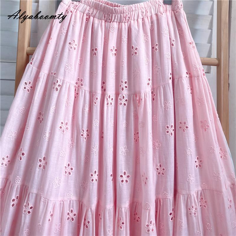 Mori Girl Spring Summer Women Pink Midi Skirt Elastic Waist Embroidery Sweet Chic Skirt Hollow Out Elegant Feminine Skirts