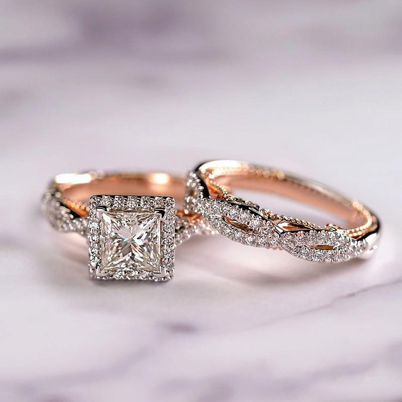 Ring Set with Geometric Inlay, Full of Zirconia Stones, Designed As a Pair of Rings, Versatile and Elegant Plain Band Ring