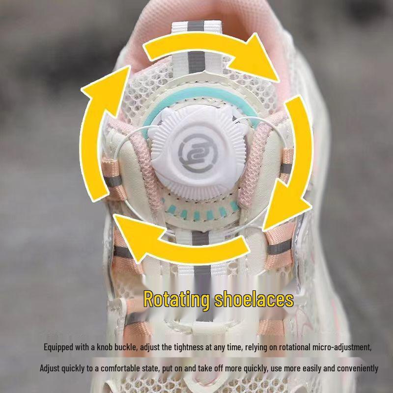 2024 Spring Girls' Spinning Button Sports Shoes - Trendy Dad Style, Soft Sole, White for Kids