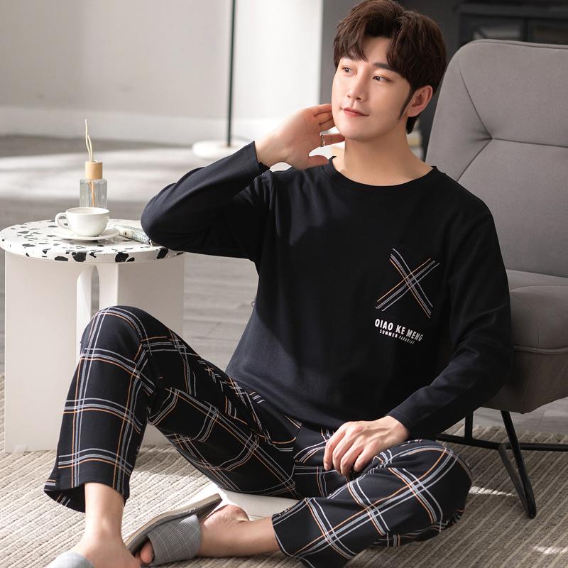 

Мужская новая весенне-осенняя пижама, домашний костюм, хлопковый с длинными рукавами, подростковая повседневная студенческая пижама, домашний костюм большого размера 4XL