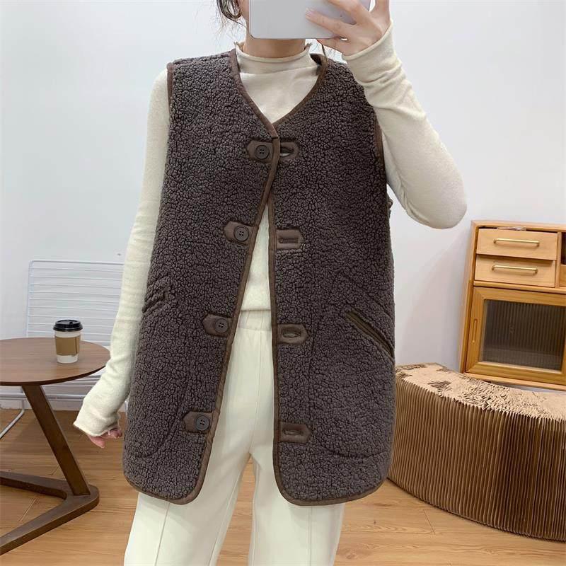 Women's Spring Autumn Pocket Vest Coat Sleeveless Winter Jacket Plain Fleece Outerwear with Buttons