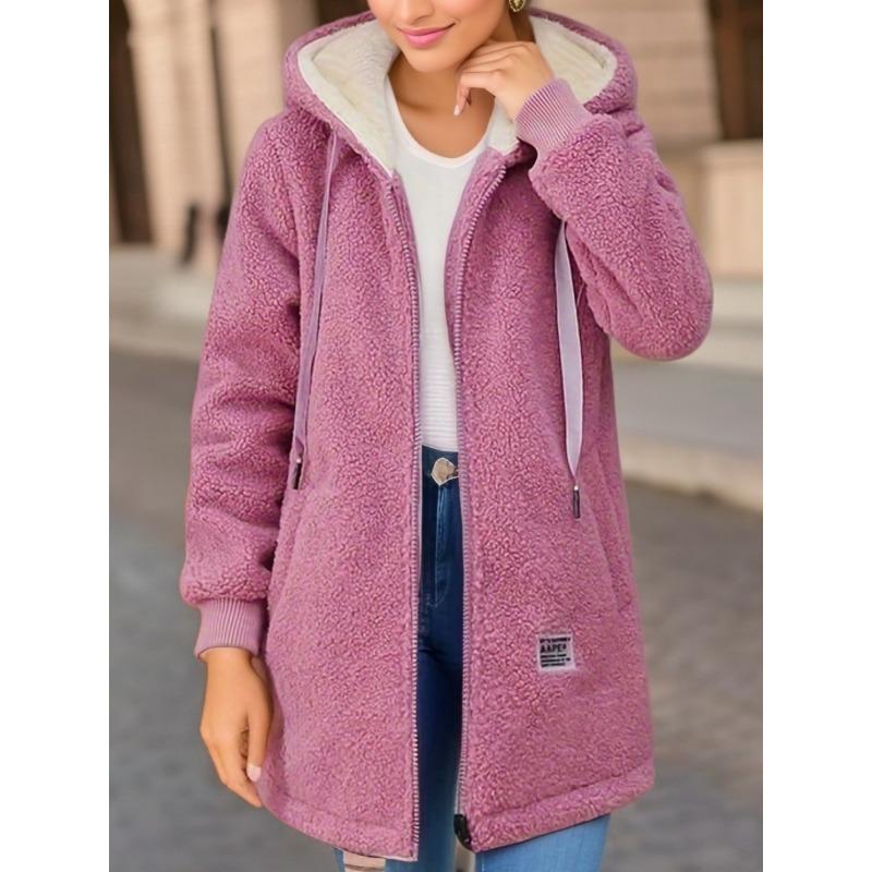 Thick Medium Long Lambskin Hoodie with Added Fleece Women's Autumn Winter Embroidered Letter Zipper Jacket