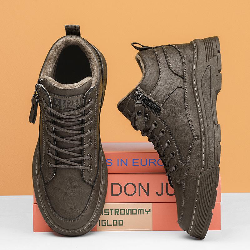 Men's Winter Velvet-Lined Leather Workwear Shoes - Retro Soft Bottom Low-Top Casual Martin Style