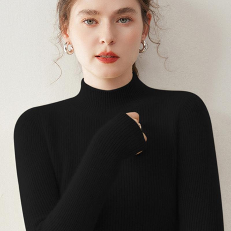 Women's Cashmere Solid Color Half-High Neck Sweater – Thick Knit, Slim Fit, Versatile Autumn/Winter Base Layer Top