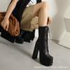Super High Heel Boots Waterproof Table High Heel Straps Women'S European Station Hate Sky High Thick Heel Martin Boots Leather Stitching