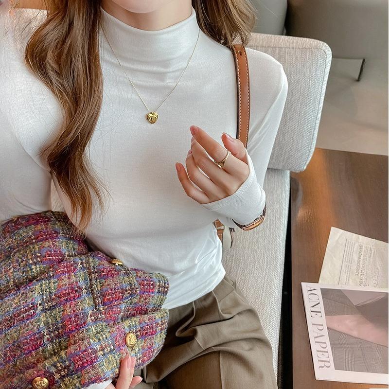 Women's Slim Fit Half-High Neck Medium Neck Long Sleeve Base Layer Top Tight Solid Color Inner Wear T-Shirt for Spring Autumn and Winter